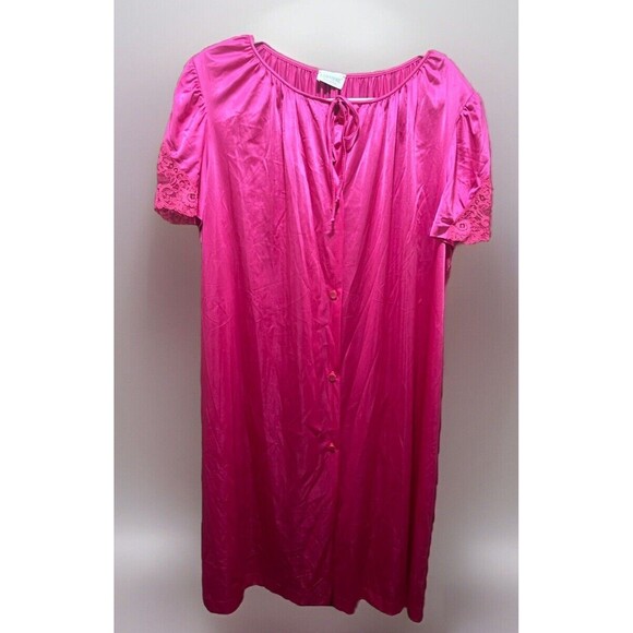 Vintage Lorraine Satin Robe Size 1X Fuchsia Pearlized Button Down Lace Sleeves - Picture 1 of 7